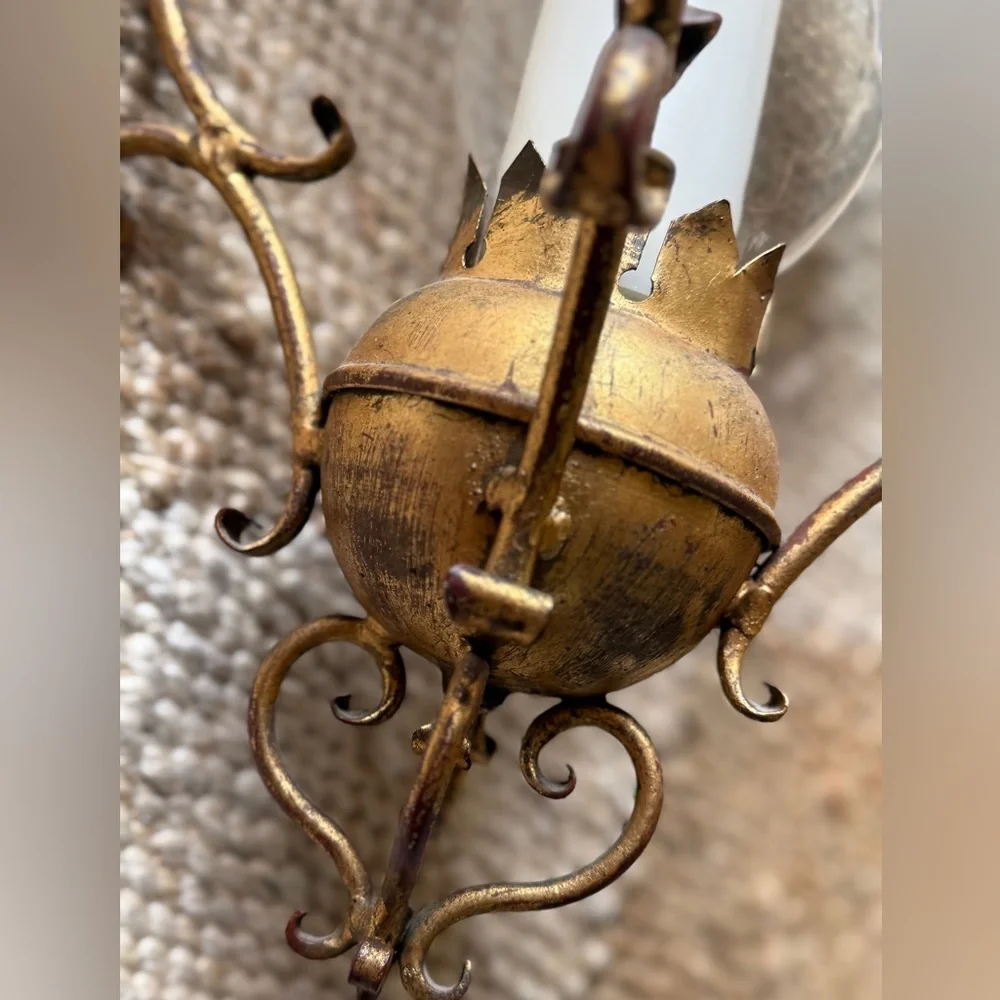 Vintage antique Italian gilded brass metal glass Gold Hanging Lantern fixture